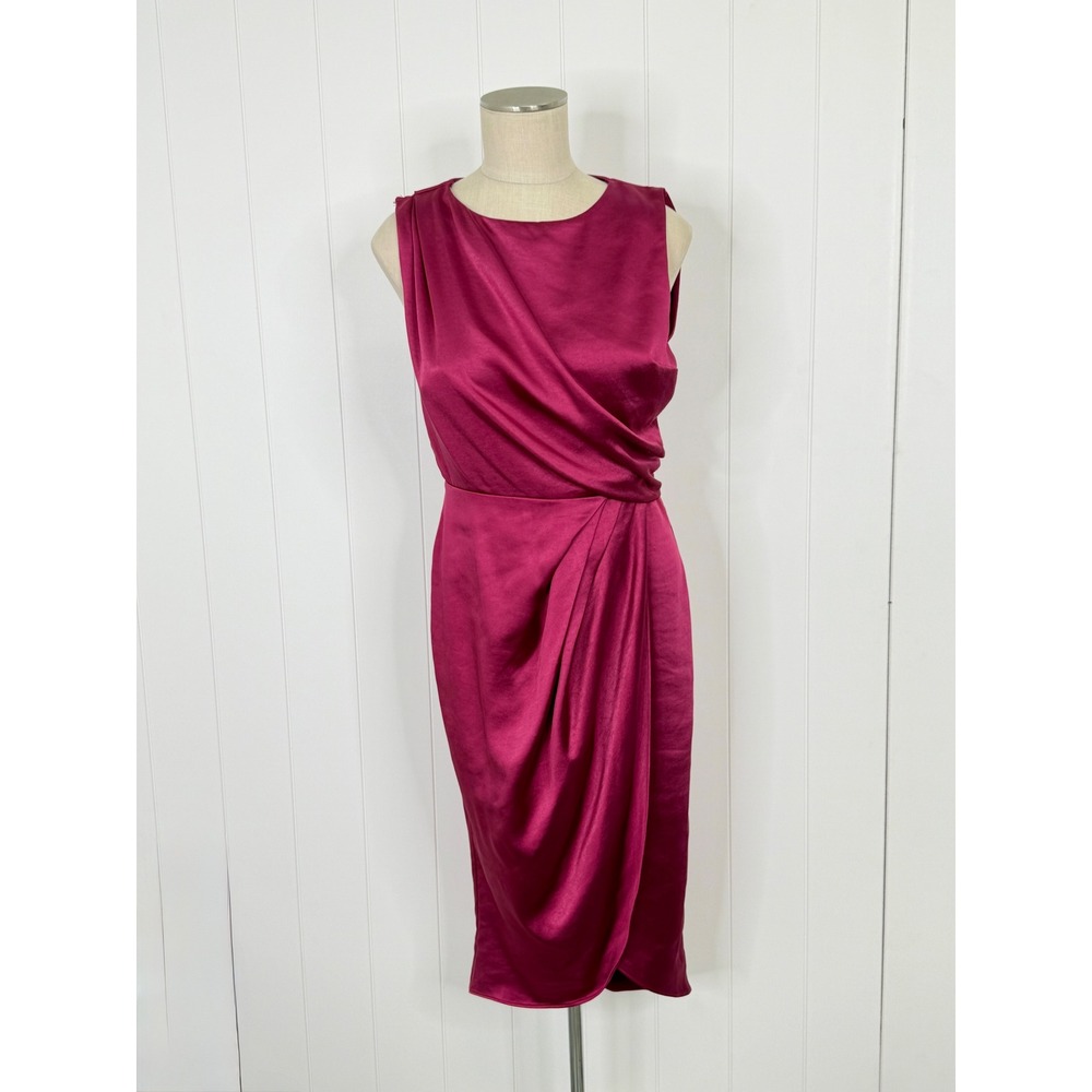 Lush Fuchsia Rose Satin Draped Midi Dress NWOT Women Size Large Pink Cocktail